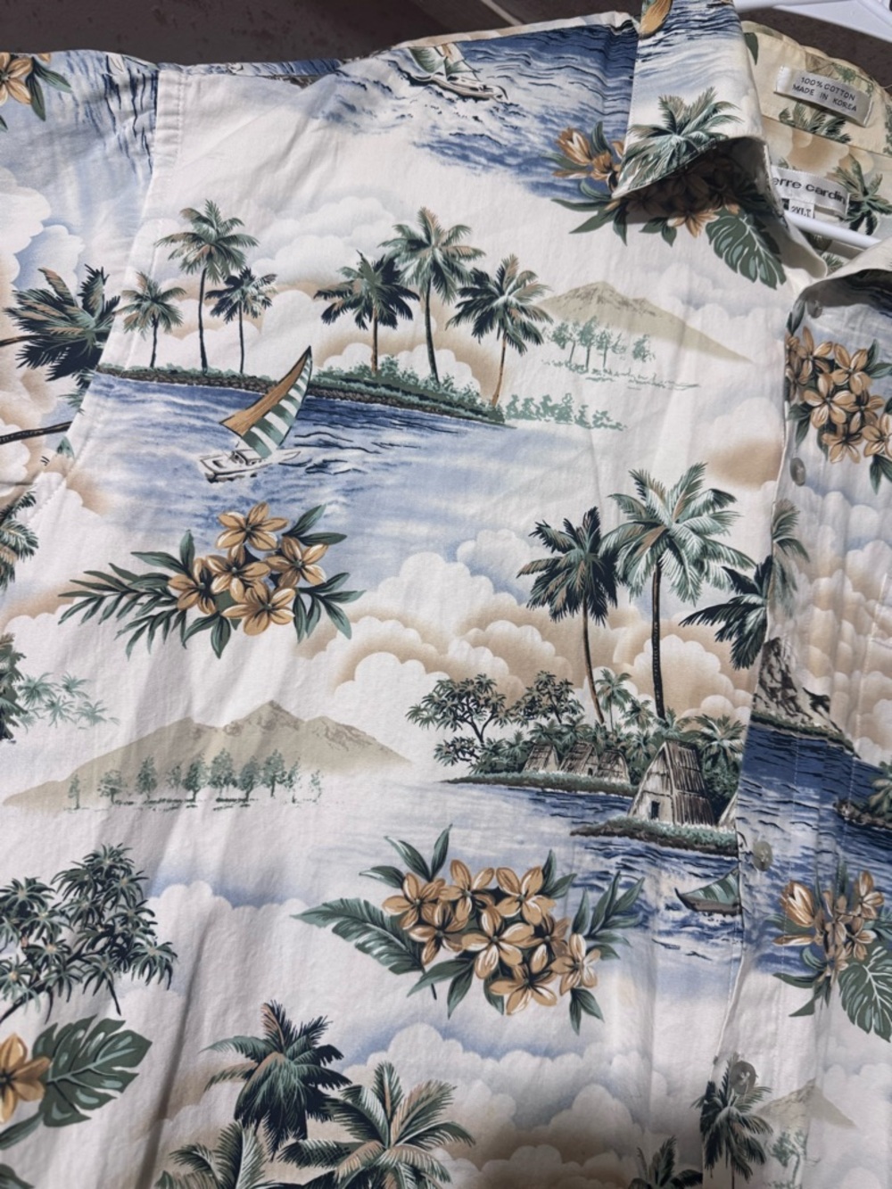 Pierre Cardin Hawaiian Shirt Mens 2XLT Island Scene Boat Palm Button - Picture 3 of 8